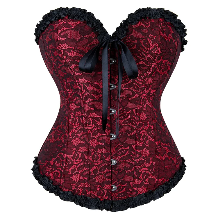Sexy Vintage Victorian Satin Jacquard Floral Lace Overbust Corset Waist Cincher Bustier Wedding Lingerie