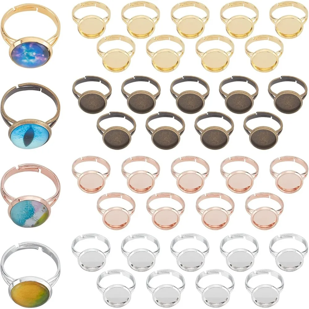 1 Box 40Pcs 4 Colors Adjustable Blank Rings 12mm Flat Round Cabochon Ring Settings Bezel Tray Metal Blanks Pad Ring Findings