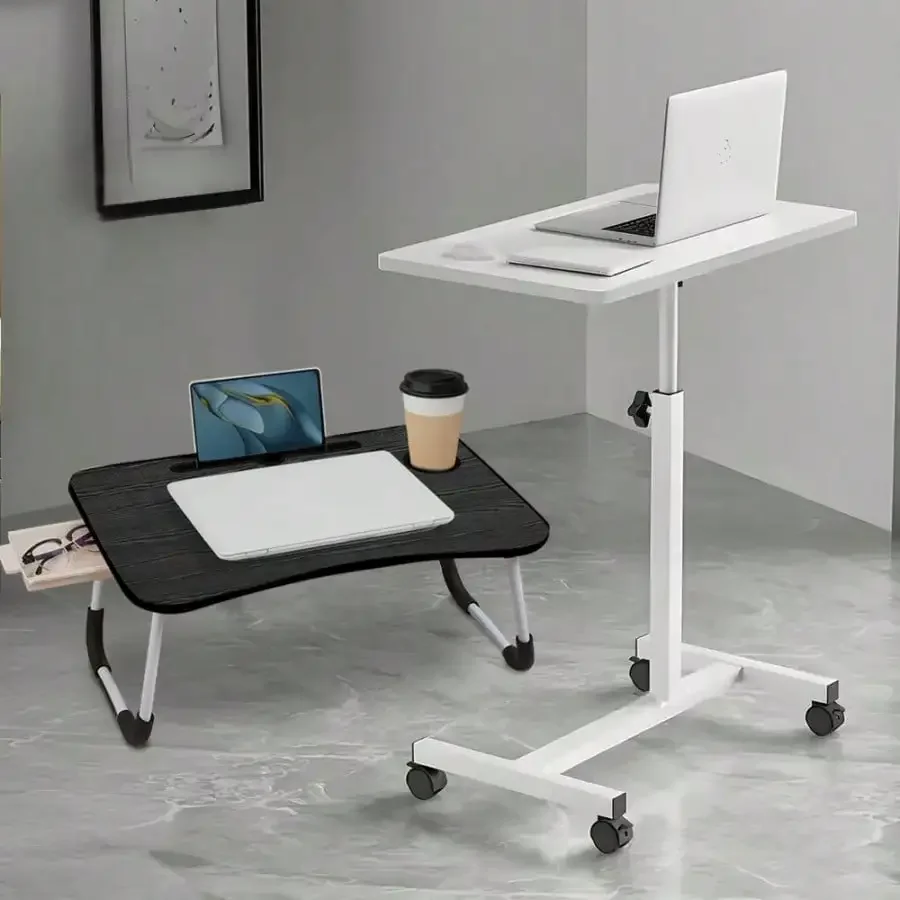 2 Piece Set 23.6 Inch Foldable Lap Desk And Adjustable End Table,Portable Wood Laptop Desk Table Workspace Organizer Bed Tray With Slots, Overbed Bedside Table With Wheels, Portable Computer Stands Movable Desk Computer Table For Bed Laptop Stand