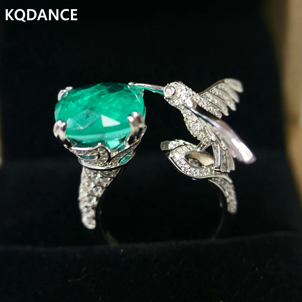 KQDANCE Real S925 sterling silver with Cushion Cut Created Blue Green Paraiba Tourmaline Bird Rings Fine Jewelry For Women