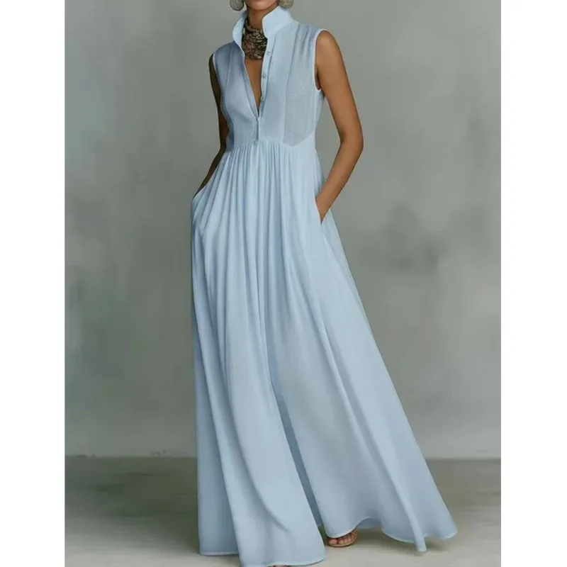 

Bohemian Maxi Dress 2026 Stand Collar Button High Waist Solid color Shirt Dress Long Sleeve Loose Casual Holiday Party Dresses