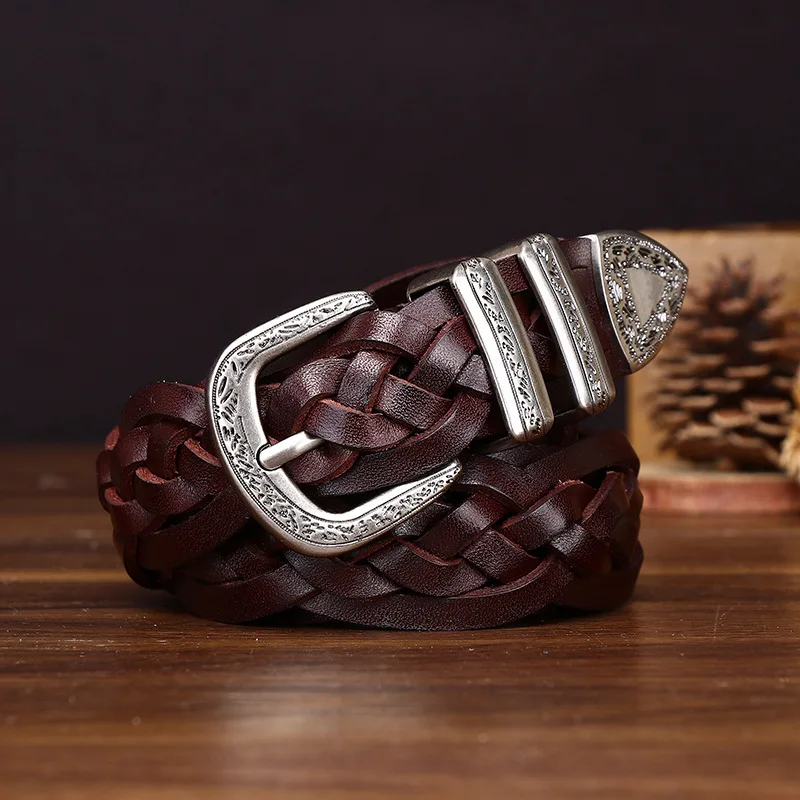 3.2cm Wide New Top Layer Cowhide Braided Belt,Men's Genuine Leather Vintage Personality niche Weave Casual Belts