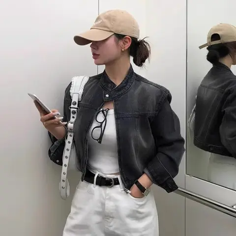 긴소매 재킷 여성용 루즈핏 스탠드 칼라 짧은 길이 데님 재킷 재킷 재킷 데님 재킷 재킷 여성용 데님 재킷 재킷