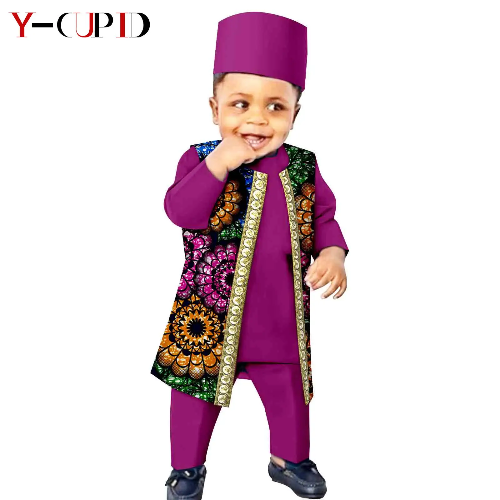 Afrikanische Jungenkleidung Kinder Outfit Bazin Riche 4-teiliges Set Druckweste + T-Shirt + Hose + Mütze Kinderanzüge Agbada Outwear Y 234005