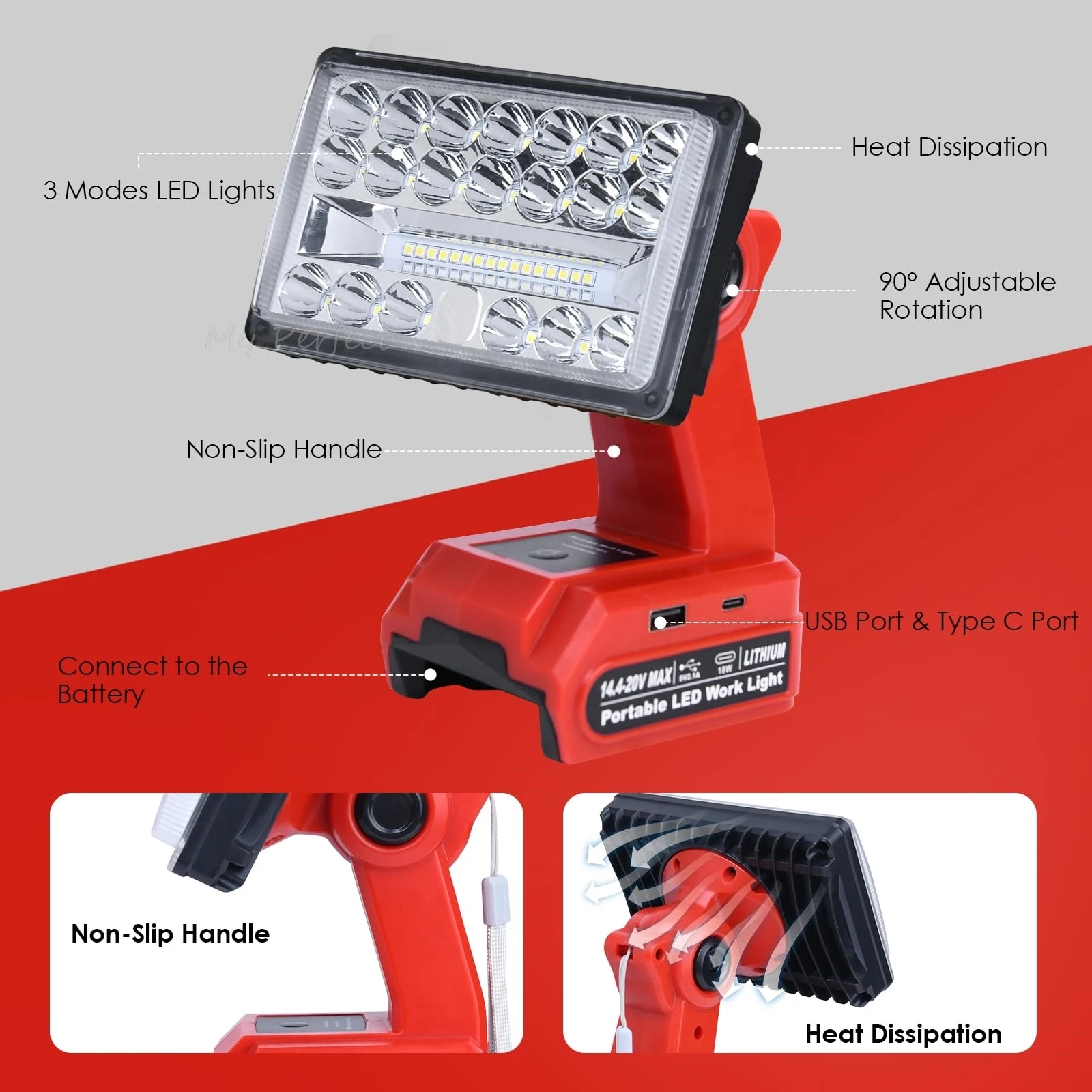 Linterna portátil compatible con baterías de Milwaukee 18V 18W 2000LM led inalámbrico luz de trabajo proyector con puertos de carga rápida USB 90 ° foco de cabeza ajustable para sitios de trabajo acampar interior al aire libre 3 modos de iluminación