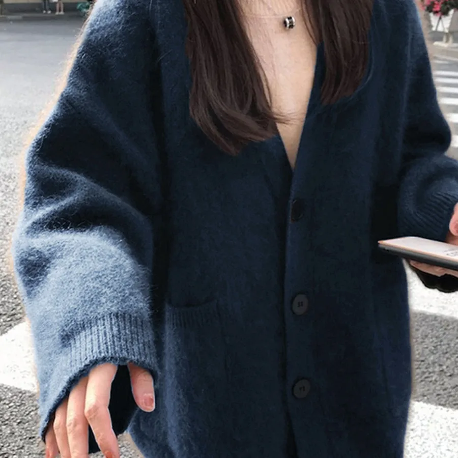 المرأة محبوك سترة معطف الدب المخملية فضفاضة طويلة Sve منتصف طول سترة مفتوحة ربيع الخريف الكورية الرجعية اليابانية Sle #3