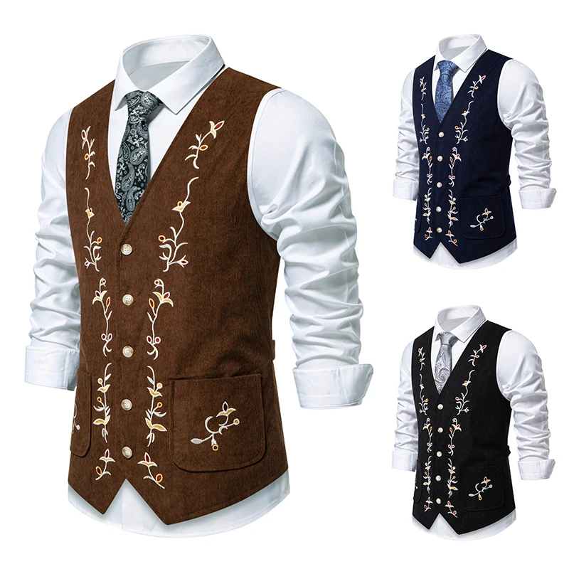 Western Corduroy Vest for Men Gothic Waistcoat Floral Embroidery Chaleco Vintage Hombre Steampunk Victorian Dress Men Suit Vest