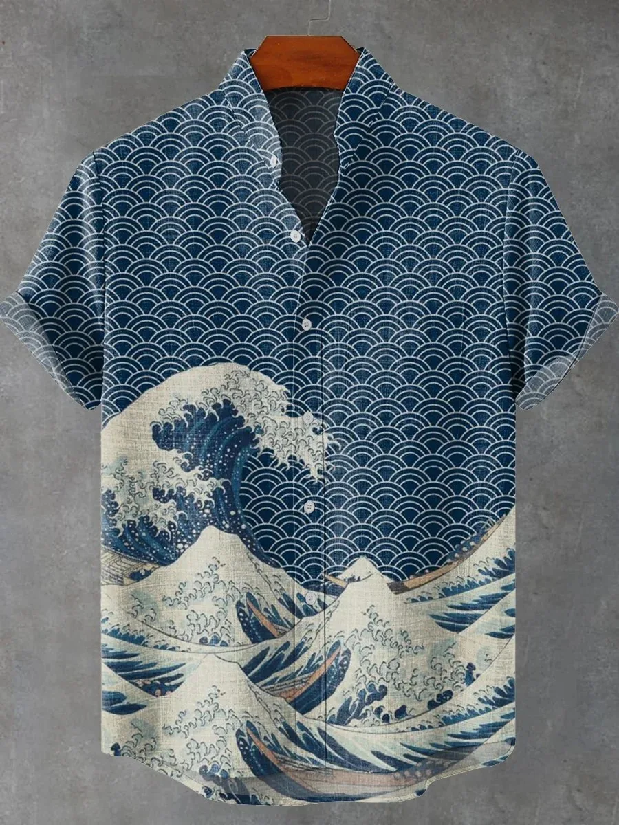 Ocean High-Definition Pattern Men's Shirt, Summer Casual Short-Sleeved Linen Top, Hawaii Comfortable and Fashionable Top