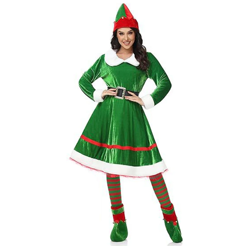 Adults Christmas Santa Claus Costume Women's Green Xmas Elf Cosplay Clothes Set Carnival New Year Party Fancy Dress Role Play