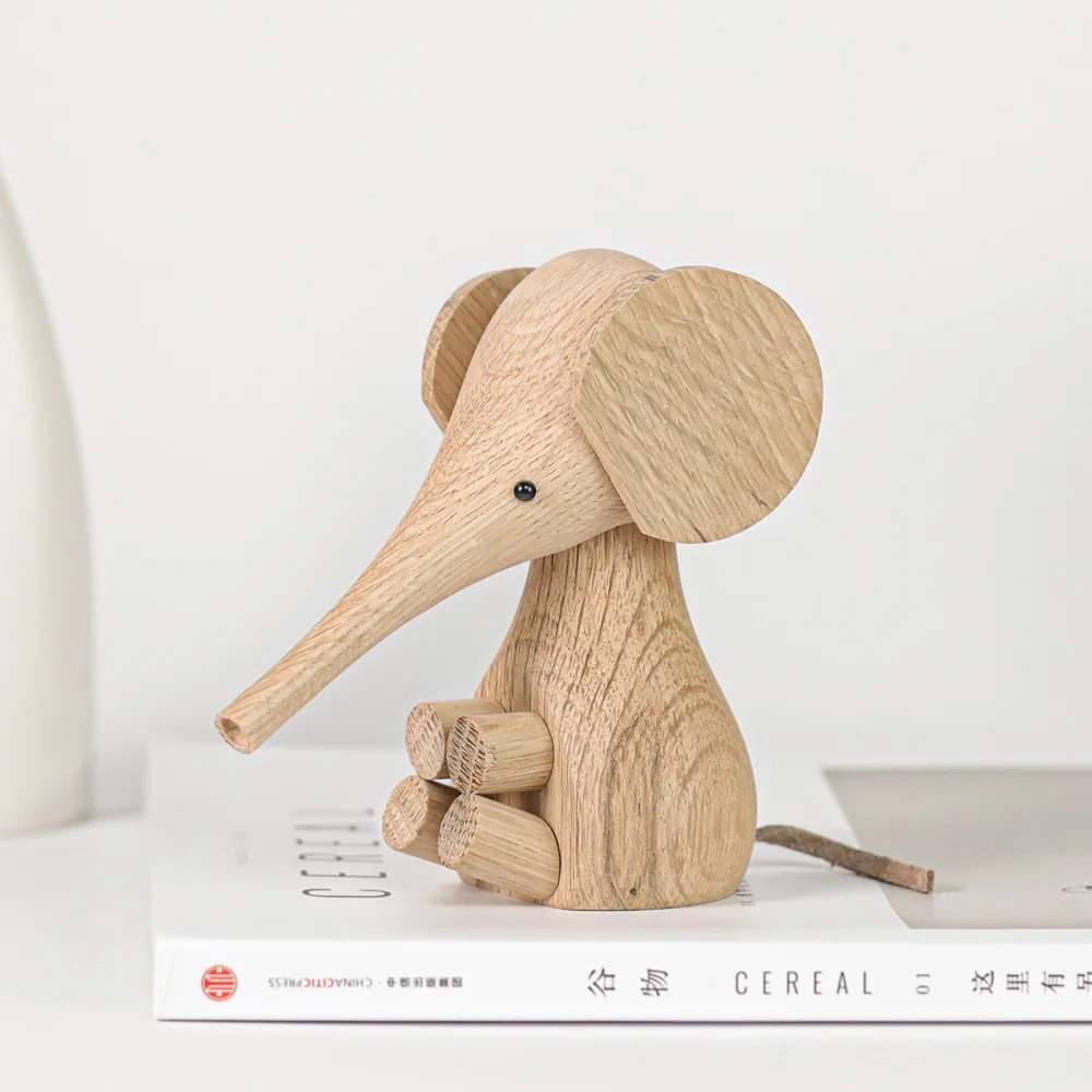 Nordic Solid Oak Wood Elephant Calf Miniature Animal Figurines, Children Room Decoration and Toys, Home Interior Decor Ornaments