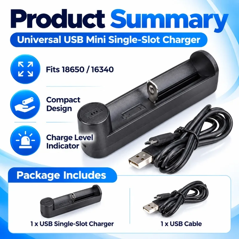 Compact USB Powered Charger for 18650 16340 Lithium Batteries with Charging Status Indicator Light