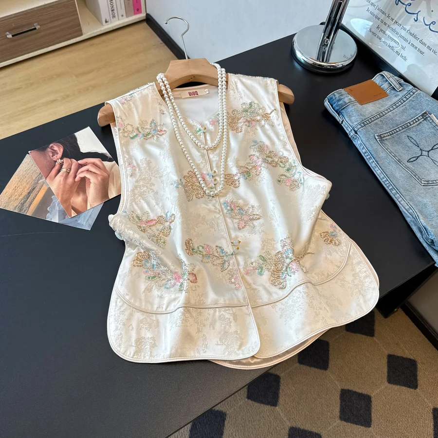 New Chinese Style Handmade Embroidered Satin Jacket Top Outerwear with Button Design High End Floral Patterned Vest for Women