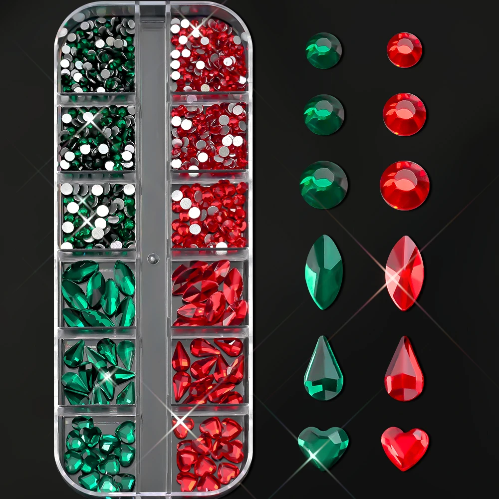 12 grades 3d natal vermelho & verde arte do prego strass misturados redondos, gota, amor vidro gem encantos do prego brilho natal decoração da arte do prego
