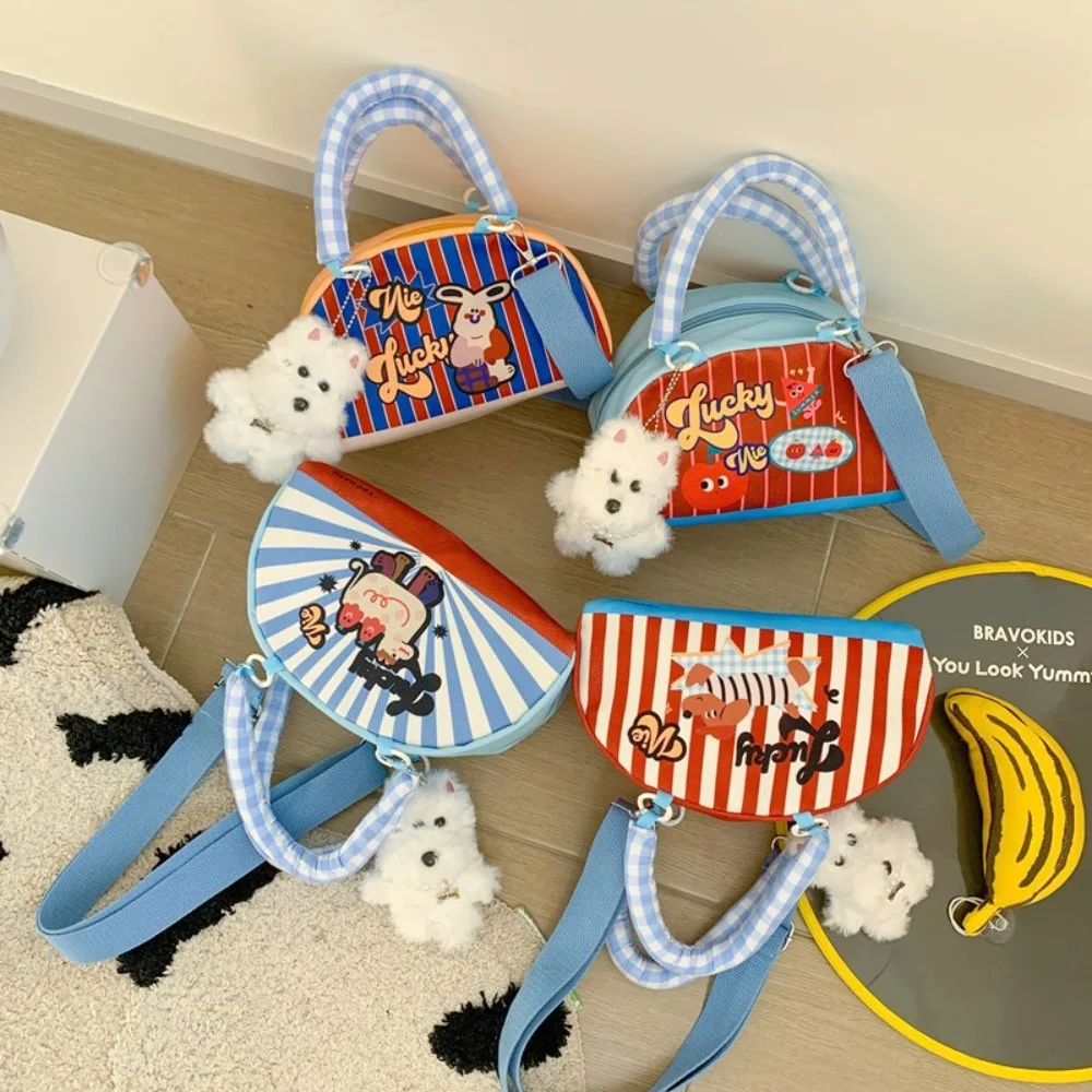 Borsa a mano spogliata per bambini Kawaii Borsa a forma di semicerchio con animali dei cartoni animati in stile coreano Borsa a tracolla leggera in alpaca