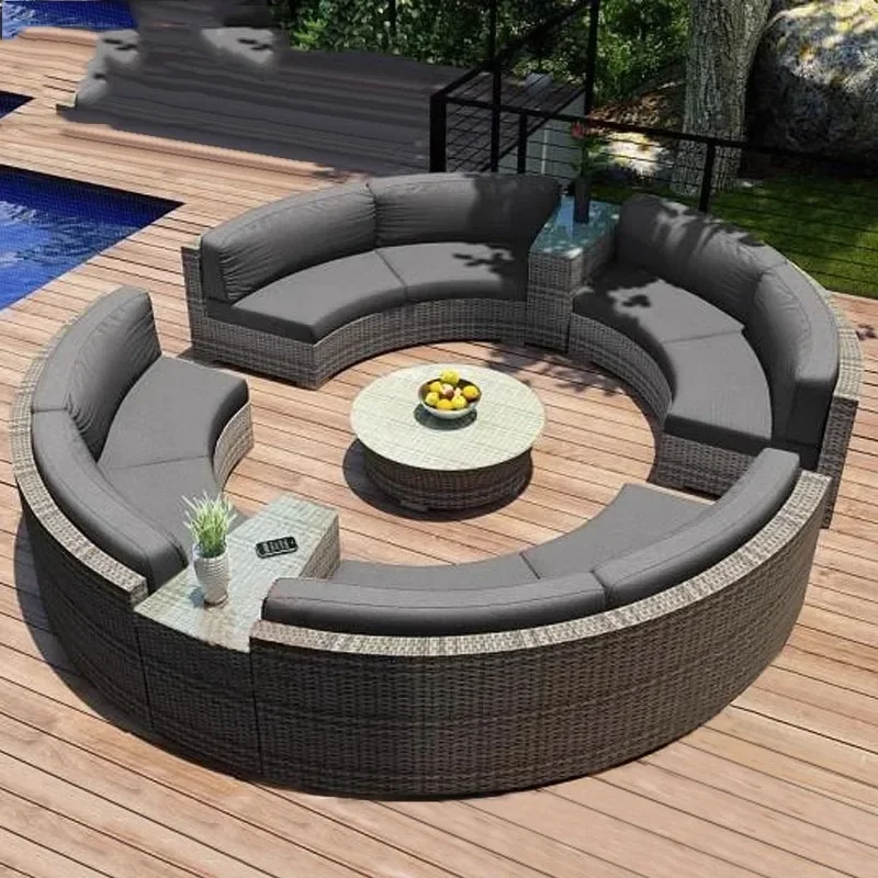 في الهواء الطلق الروطان أريكة مستديرة فيلا شرفة فناء الروطان الفن فندق منطقة الترفيه استقبال أريكة الروطان مزيج مقاوم للماء