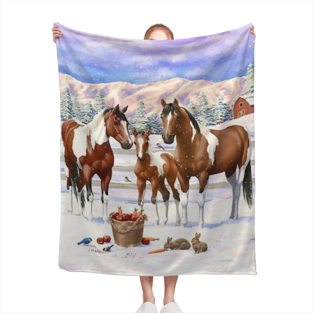 Bay Pinto Paint Quarter Horses Blanket Flange Textile Decor Portable Super Soft Throw Blankets for Home Office Plush Thin Quilt