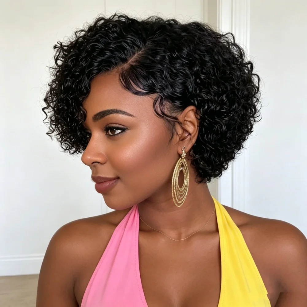 

Short Curly Human Hair Wig for Women Side Part Curly Lace Bob Wigs