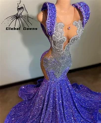 Robe de Rhsirène à paillettes violettes pour filles noires, col transparent perlé, robes de soirée sexy, quelque soit le train de balayage