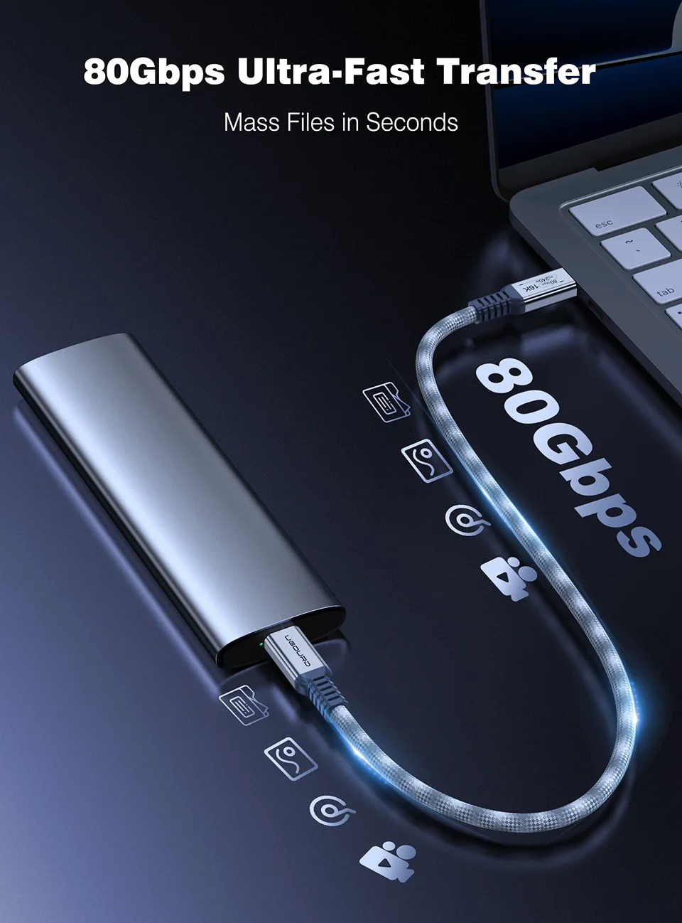UGOURD Thunderbolt 5 USB4 Gen4 Kabel 90-Grad-Winkelstecker 80Gbps 16K Geflochtenes USB-C-zu-C 240W Schnellladekabel für EGPU – Detail 4