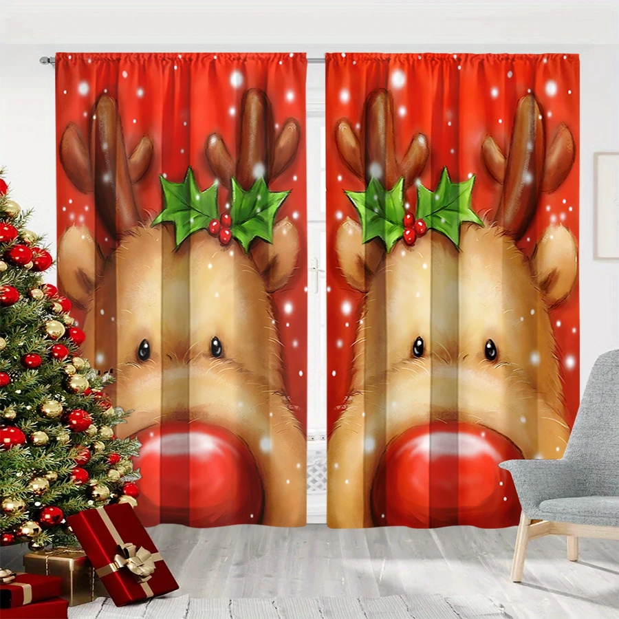 2PCS Christmas Winter Curtains, Cartoon Reindeer Face Holly Berry Red Winter, Digital Print, Bedroom Living Room, Home Decor