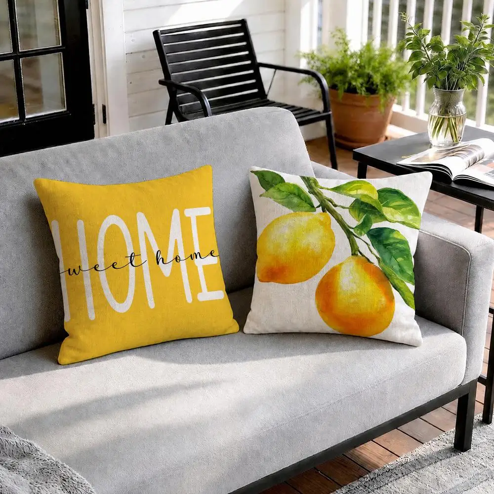 Sweet Home Lemon Letter Cushion Cover Natural Linen Organic Fabric Double-Sided Printing Sofa Home Decor Gift Pillow Cover