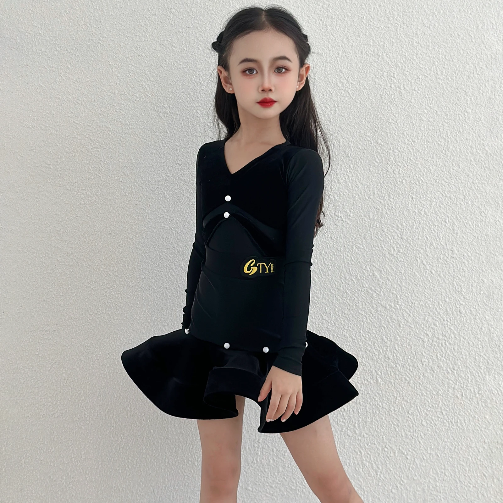 Novos trajes de meninas dança latina manga longa com decote em v divisão terno saia superior chacha samba dança prática desempenho vestindo dql12119