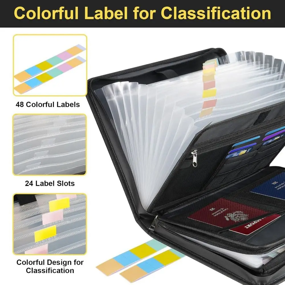

Fireproof Expanding File Folder Zipper Closure Waterproof Document Bag with Labels Space Saving Portable