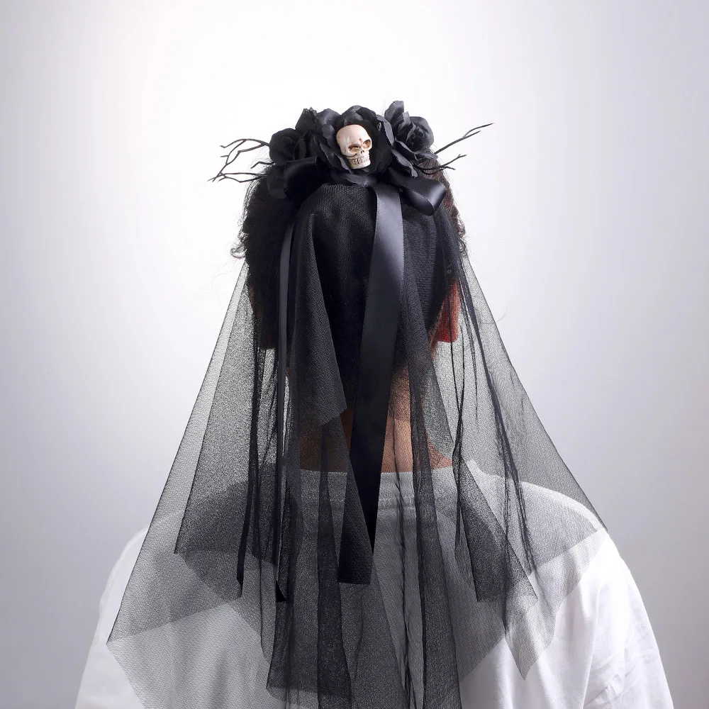 New Classic Halloween Skull Headdress Veil Dark Bow Weird Hair Clips Photo Portrait Headwear Party Elegant Accessorie Skull Veil