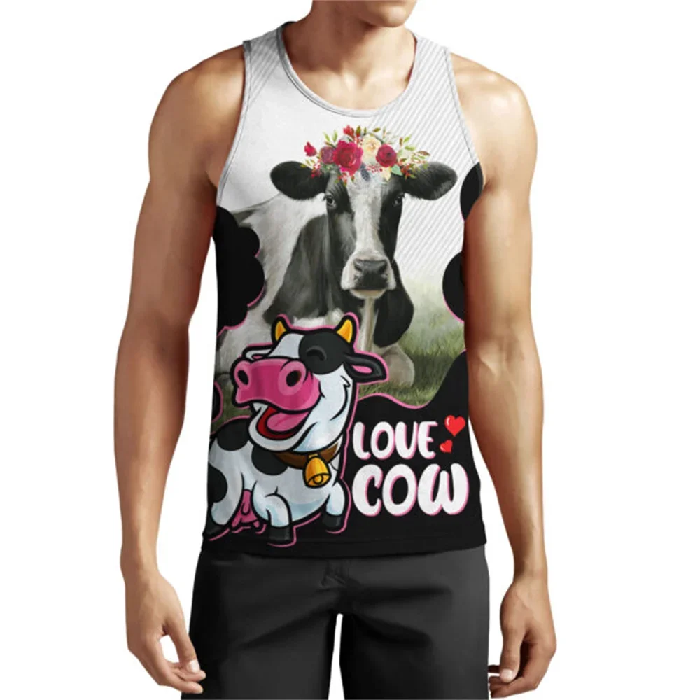 MSIEESO Men Vest 3D Graphics Dairy Cattle Printed Men Tank Tops Streetwear Sleeveless Fashion Summer Cool Cozy Tank Tops