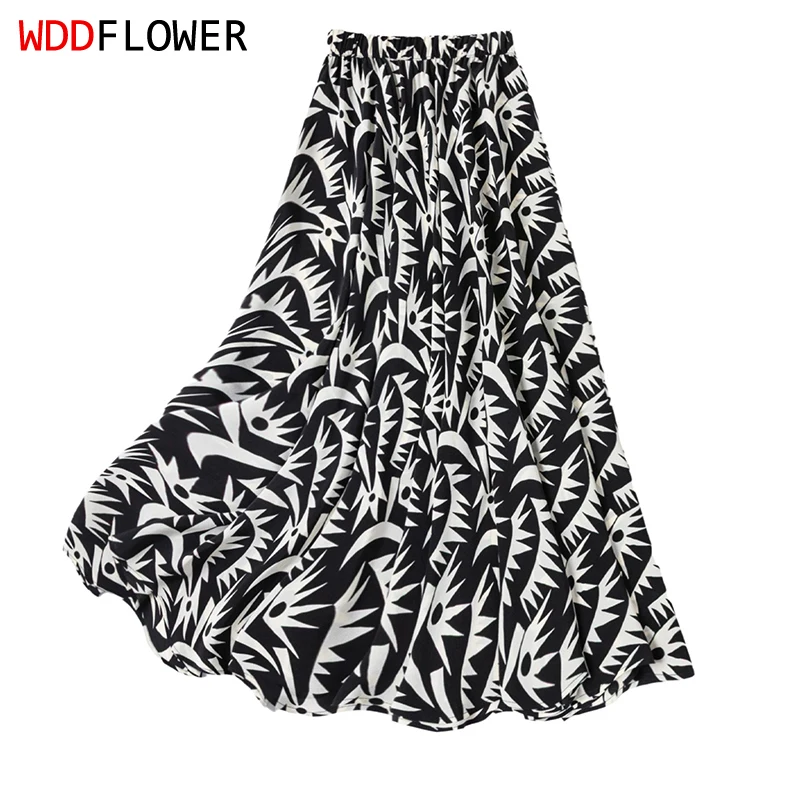 100% Mulberry Silk Black White Printed Bias Cut Long Type Midi Skirt 3.7 Meters Big Hemline 2026 Summer Beach M1613