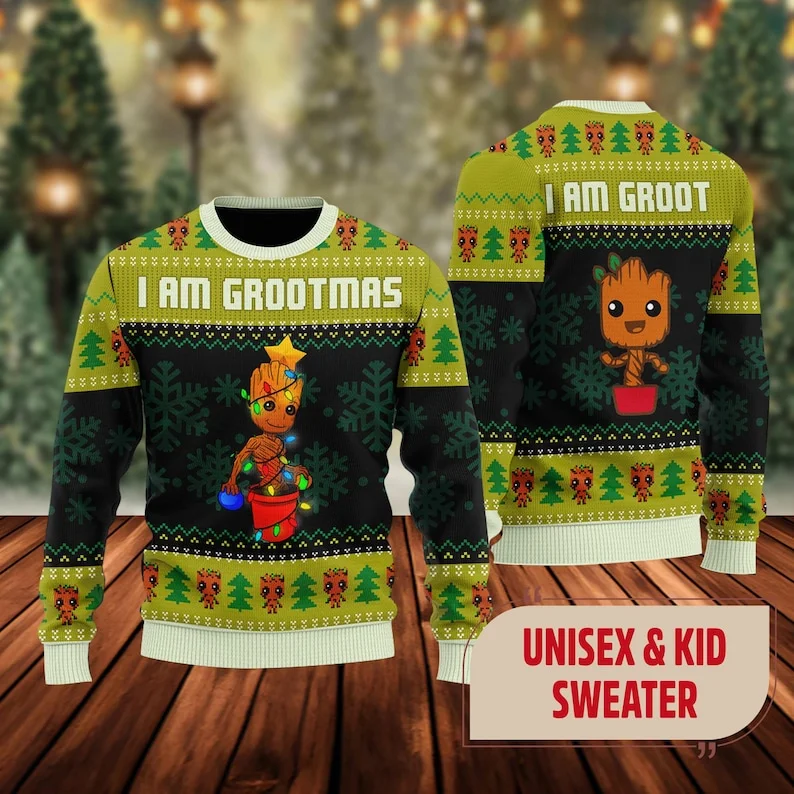 Groot Ugly Christmas Sweater Disney Character Christmas Sweatshirt Boys and Girls Christmas Sweater Groot Unisex Sweatshirt