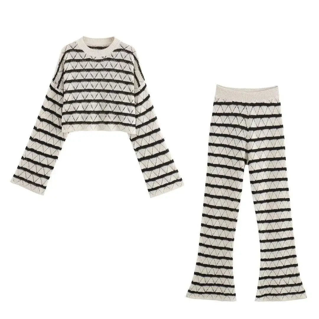 

Women Striped Hollow Out Short Sweaters And Pants Matching Sets Knitted Elastic Slim 2 Pcs Set