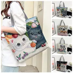 Embroidery Ethnic Style Handbag Casual Canvas Large Capacity Animal Shoulder Bag Handbag Tote Bag Cute Cat Cloth Bag Women