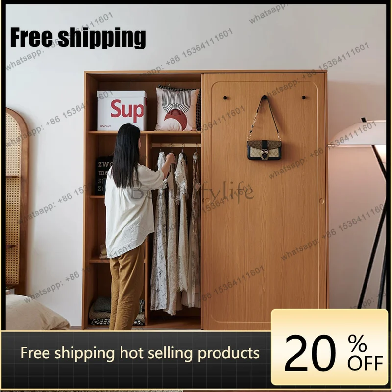 

LJY Decoration Brown Wardrobes Closet Wooden Tall Long Sliding Space Wardrobes Storage Cute Saving Guarda Roupas Furniture For H