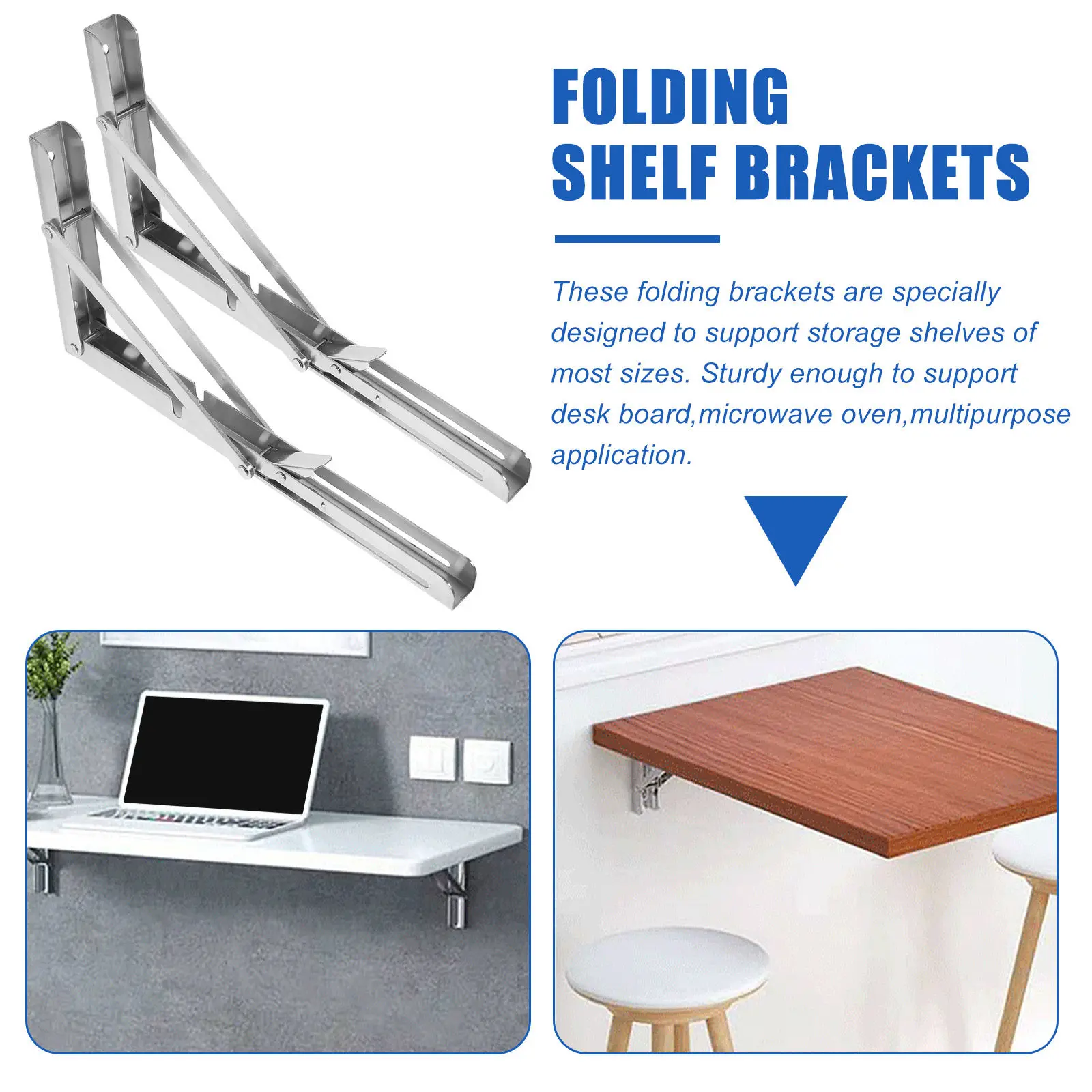 2Pcs Stainless Steel Folding Shelf Support Brackets Heavy Duty Wall Board Storage Rack Multipurpose Brackets Folding Shelf