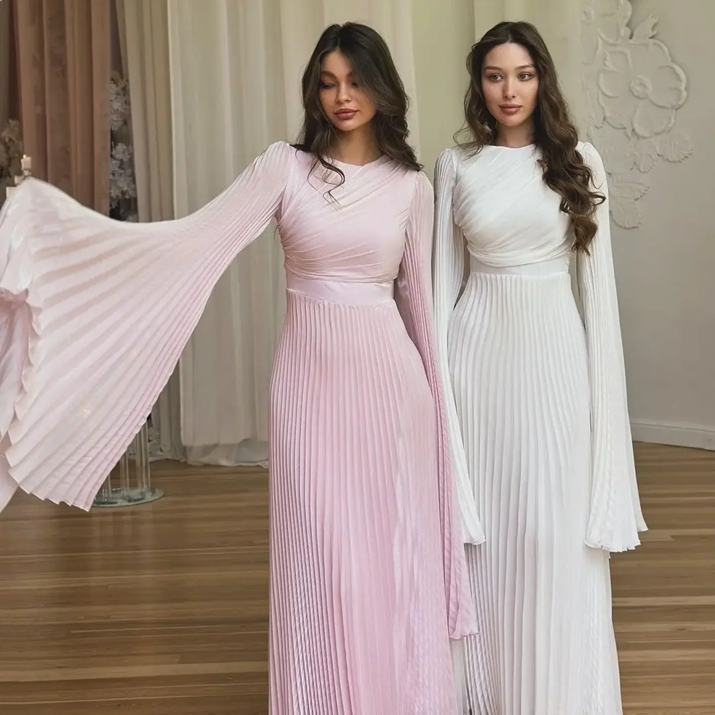 

Sharon Said Elegant Long Sleeve A Line Evening Dress Pleated Simple Modest Women Wedding Party Gowns SF070 Customized
