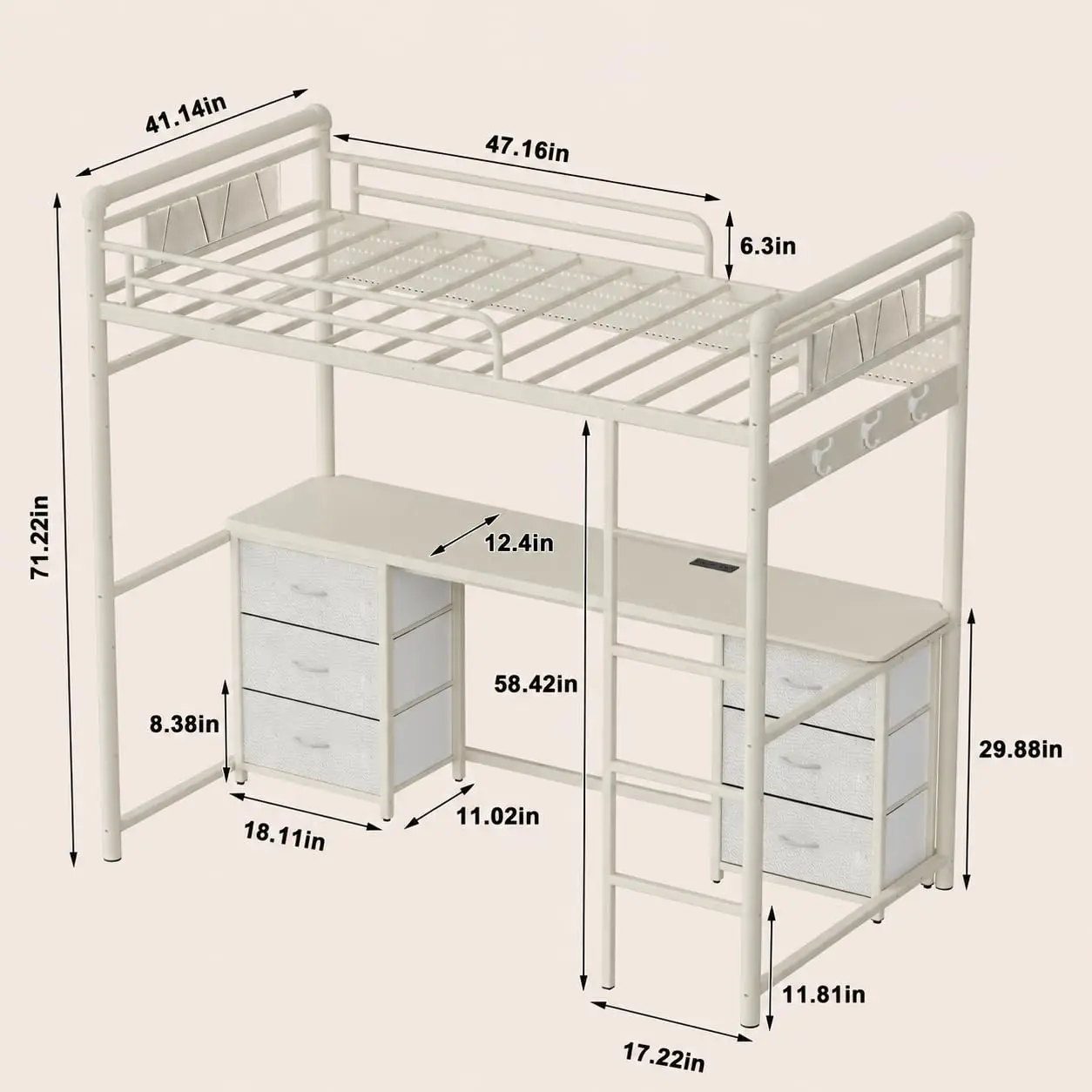 with Charging Station,RGB LED Lights,Pegboard and Hanging Rod & Hooks,Bunk Bed with Desk Underneath for Teens,White