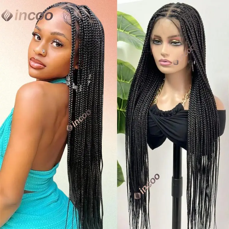 Perruque synthétique tressée sans nœuds pour femmes noires, perruque pleine dentelle, devant en cornrow, petite boîte, tressage carré, 36 amaran