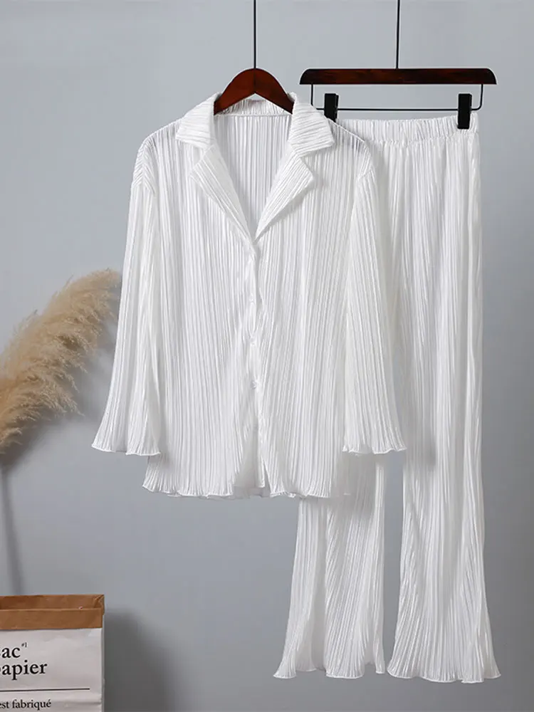 Spring Women's Shirt Pleated Two Piece Set Loose High Waist Wide Leg Pants Suit 2022 Casual Elegant Office Ladies Female Outfit