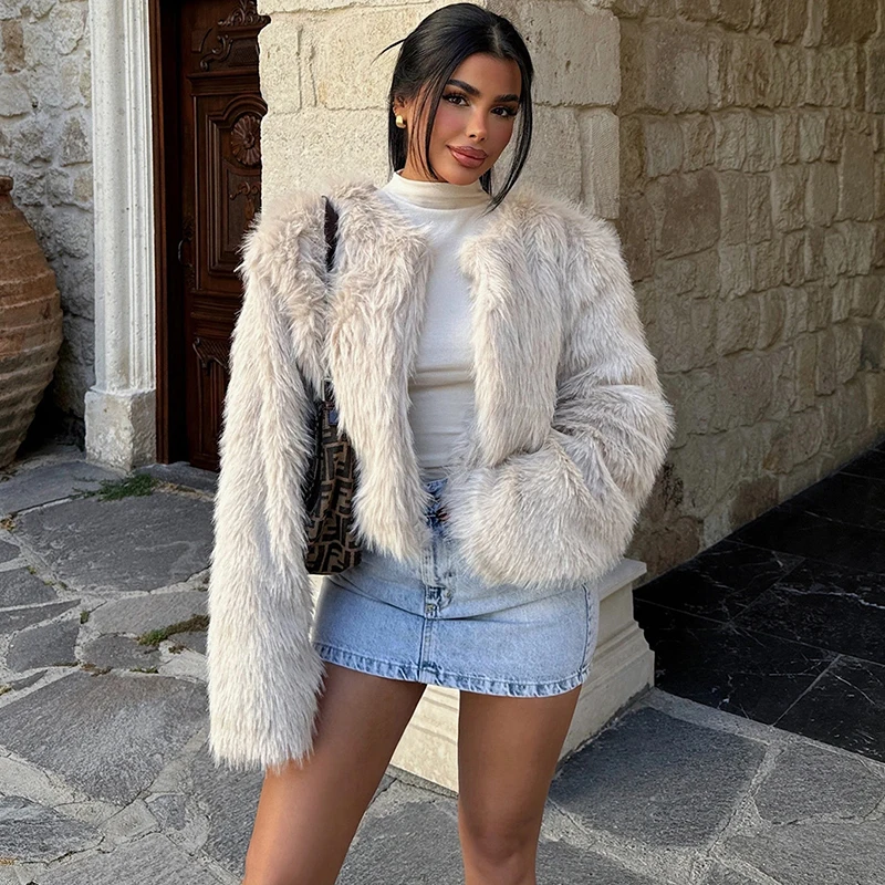 

Tornova Fashion Faux Fur Jacket Coat Women's Warm Crew Neck Casual Loose Long Sleeve Luxury Faux Fur High Street Coat Winter New