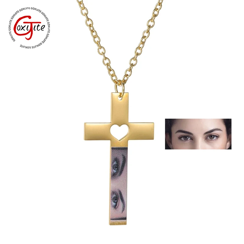 

Goxijite Customized Eyes Color Photo Cross Pendant Stainless Steel Hollow Heart Personalized Eye Photo Necklace Men Women Gift