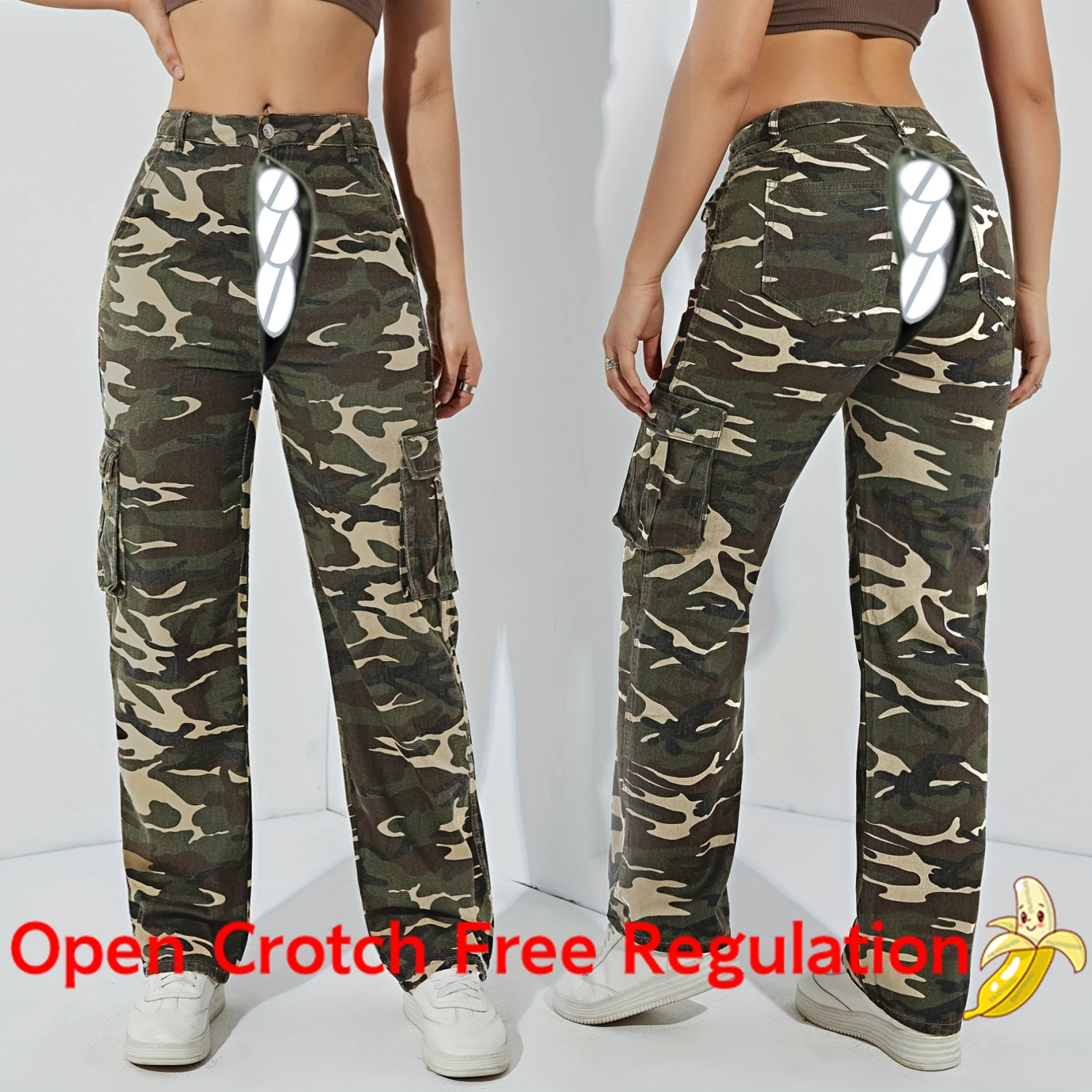 

Summer Camouflage Cargo Pants Outdoor Sex Open Crotch Boyfriend Denim High Waist Loose Wide Legs Casual Trousers Denim Y2k Pant