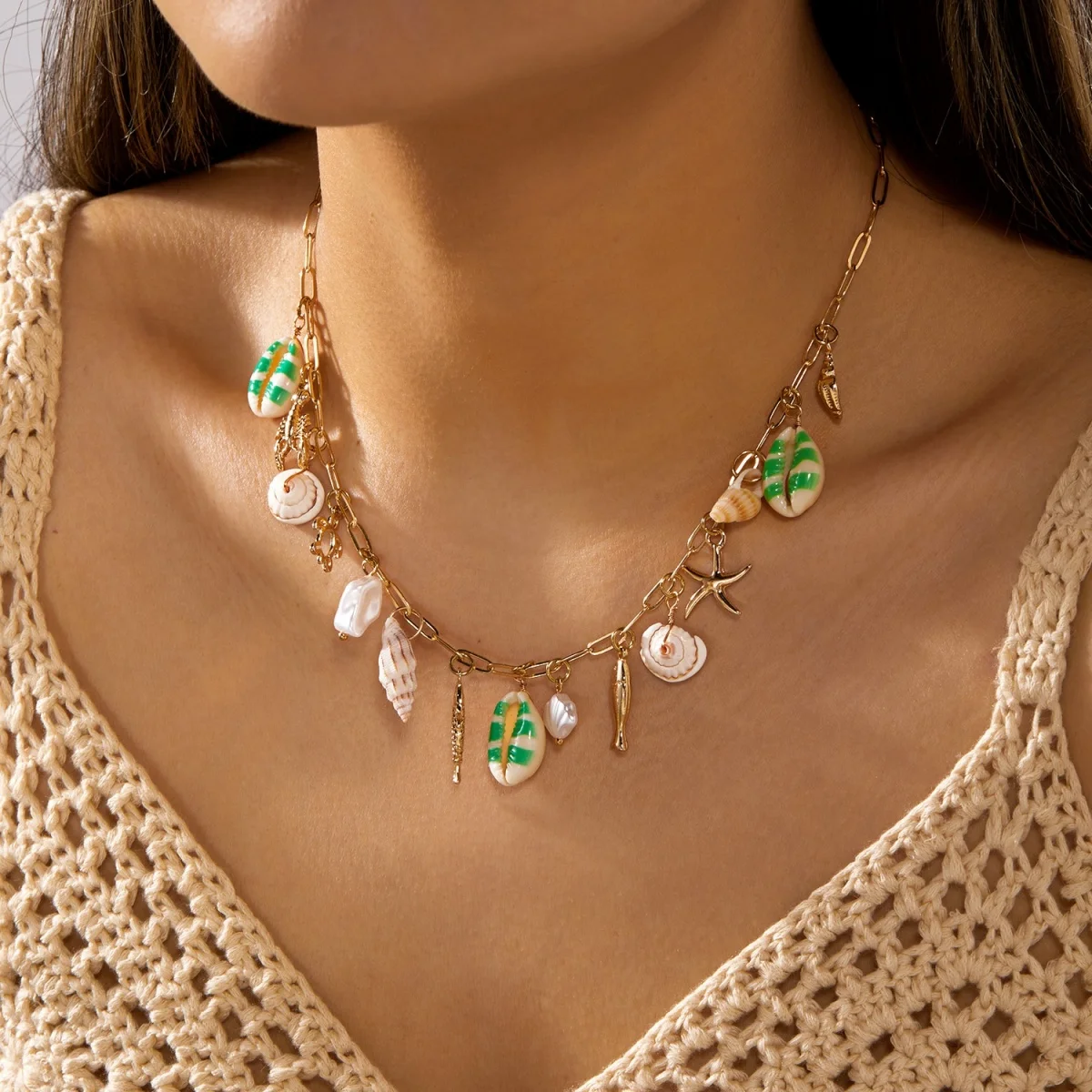 Sommerurlaub Muschel Seestern Conch Fisch Schildkröte Korallen Anhänger Halskette für Damen Herren Imitationsperlen Choker Ozean Strand Schmuck – Detail 13