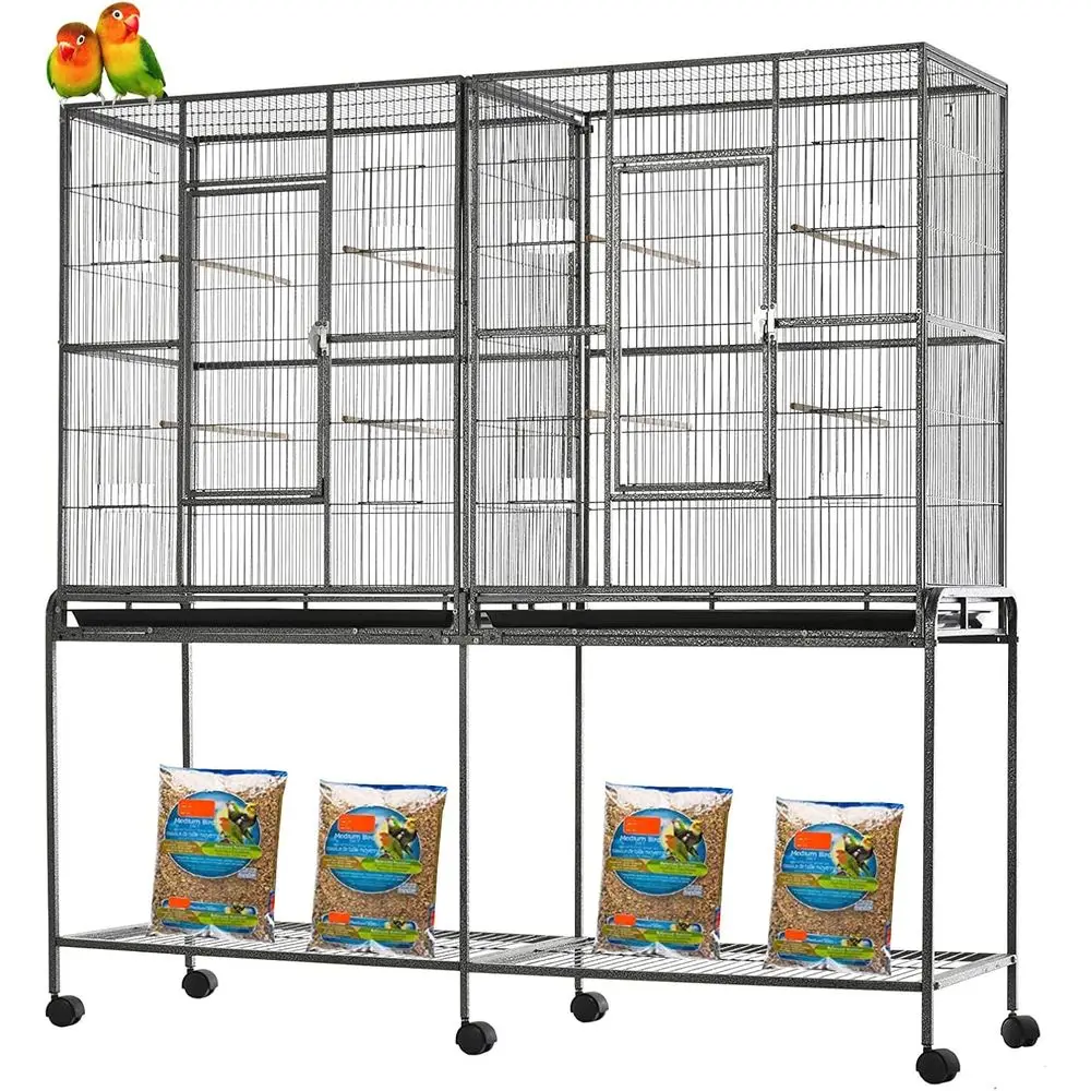 

Double Flight Bird Breeder Cockatiel Conure Cage with Slide Out Center Divider Side Breeding Nest Doors Removable Rolling Stand