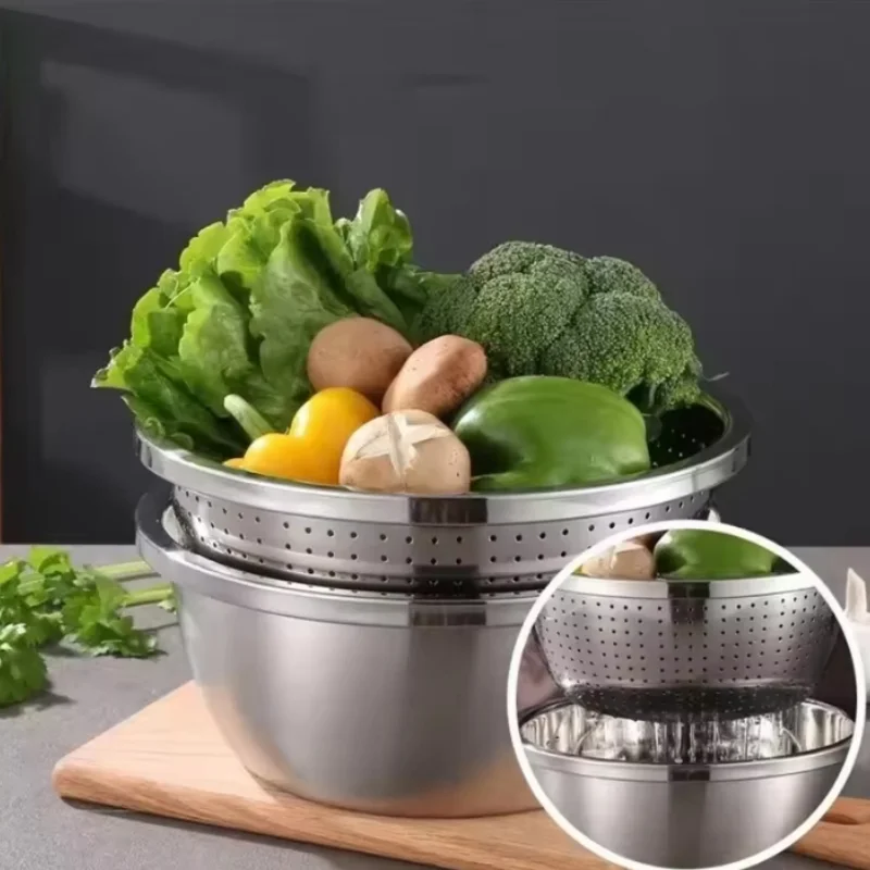 Multi Functional Stainless Steel Vegetable Bowl, Egg Mixing Bowl, Drain Basket, Soup Basin, Kitchen Cooking And Storage Tool