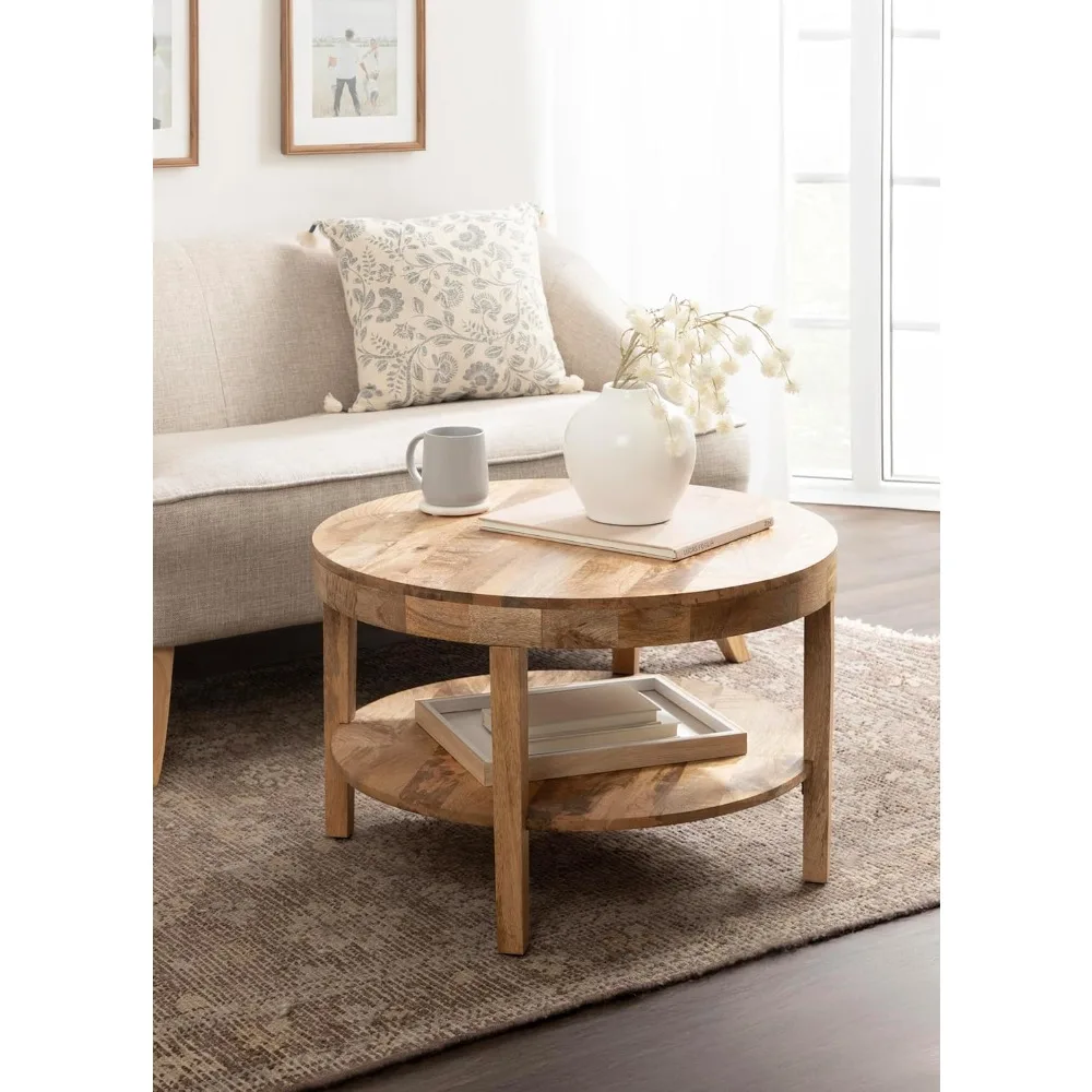 طاولة قهوة مستديرة حديثة متدرجة، 28 × 28 × 18، خشب طبيعي، غرفة معيشة دائرية انتقالية من طبقتين T #2