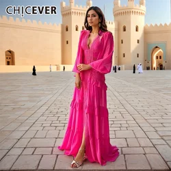 CHICEVER Sexy Bohemia Lace Dress For Women V Neck Long Sleeve High Waist Spliced Reffles Split Elegant Chic Maxi Dresses Female