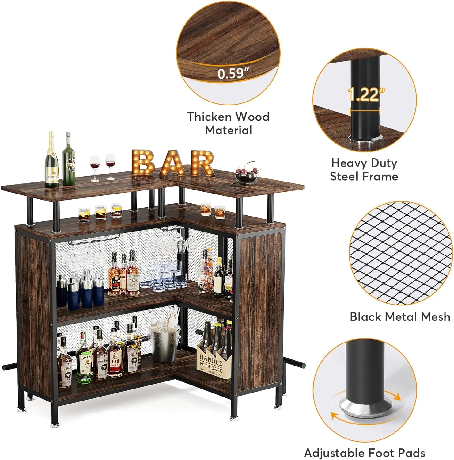 Armário industrial da barra do licor do estilo mini, barra resistente do chá e do café da mancha, uso interno, armazenamento home L-dado forma, 17,72 "D x 47,24" W