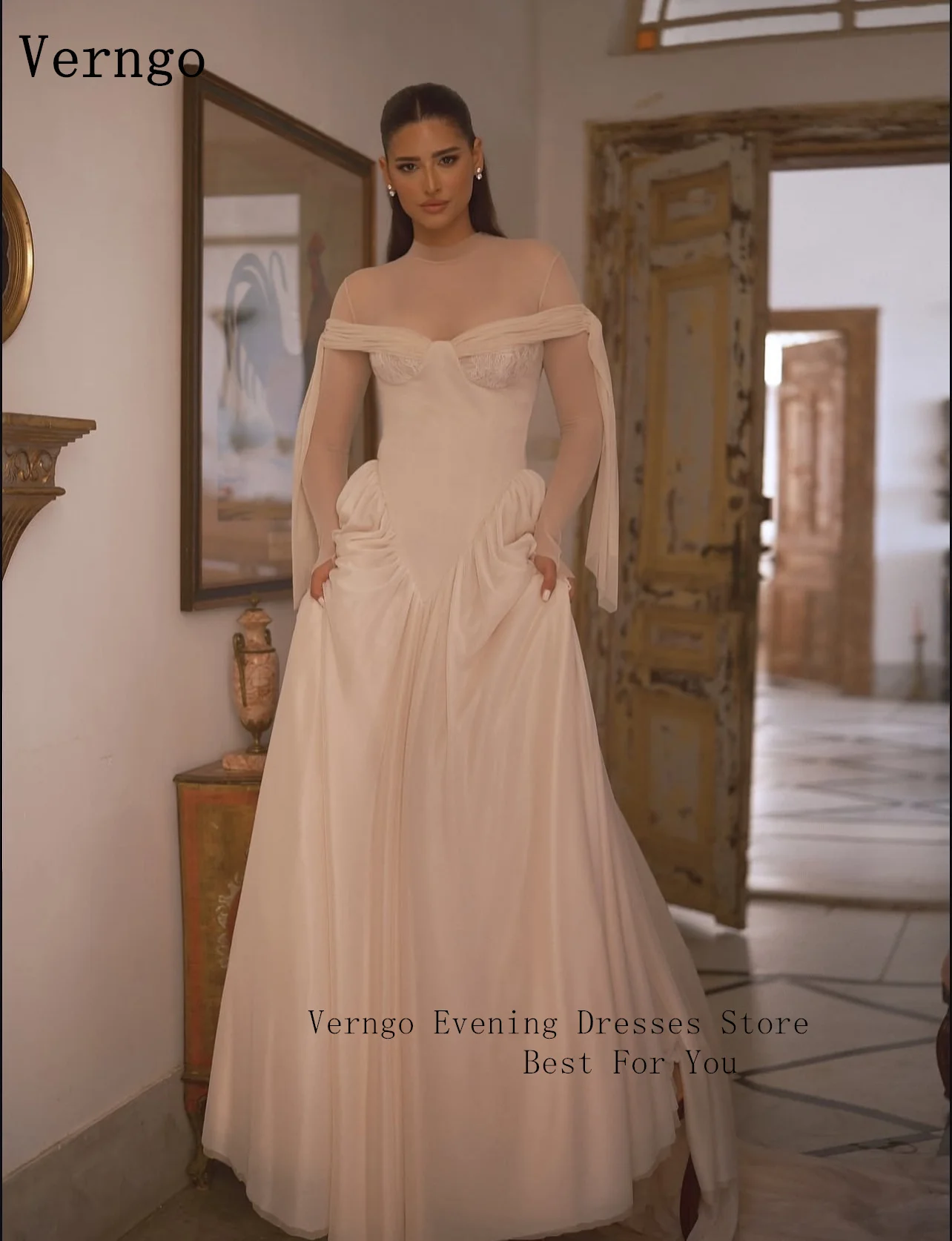 Verngo ivoor satijnen avondjurk uit de schouder een lijn zijsplit formele gelegenheid jurken vrouwen elegante prom jassen op maat
