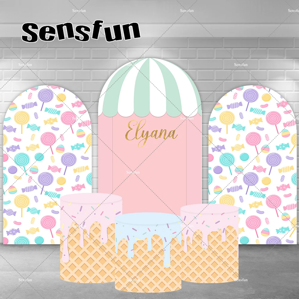 

Ice Cream Candy Shop Chiara Arch Backdrop Cover Soft Pink Blue Lollipop Plinth Covers Girls Baby Shower Birthday Party Banner